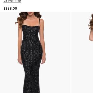 La Femme Black Sequin Column Dress with Thin Straps